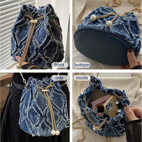 Blue Denim Purses for Women, Jean Bucket Bags, Crossbody Hobo Drawstring Handbag - Picture 3 of 7